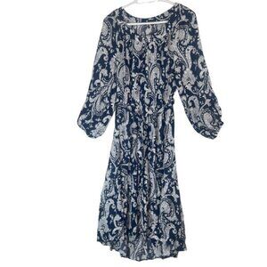 Talbots Blue White Paisley Long Sleeved Belted Fit and Flare Dress Size Medium